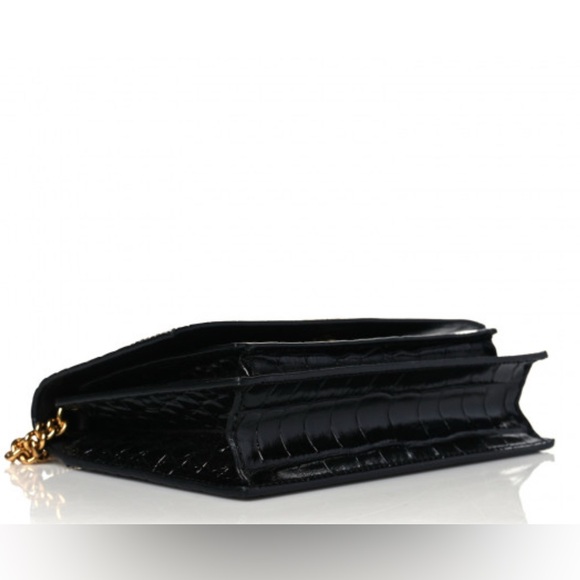Balenciaga- Shiny Calfskin Crocodile Embossed Sharp Crossbody Clutch Black - Picture 10 of 12